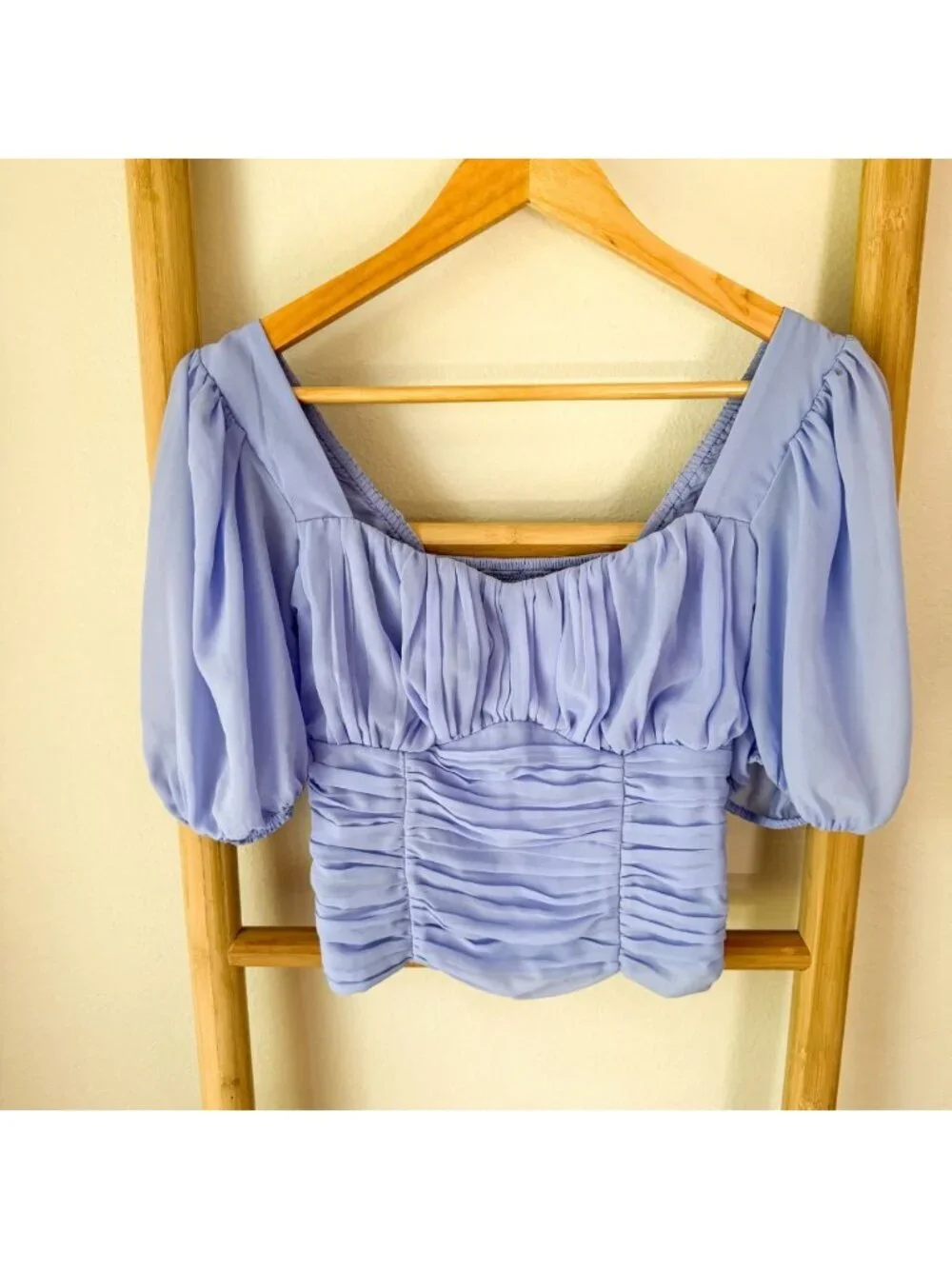NWOT Abercrombie & Fitch Lilac Purple Ruched Corset Puff Sleeve Crop Top Small